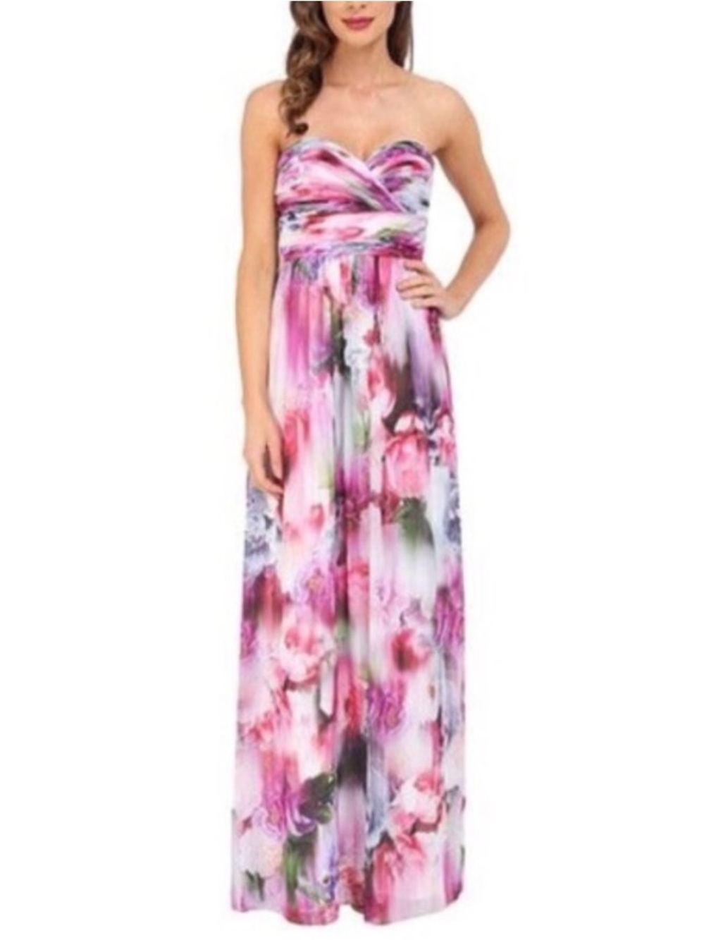 AIDAN Mattox The Watercolor Chiffon Strapless Maxi Dress Pleated Bodice SZ: 0